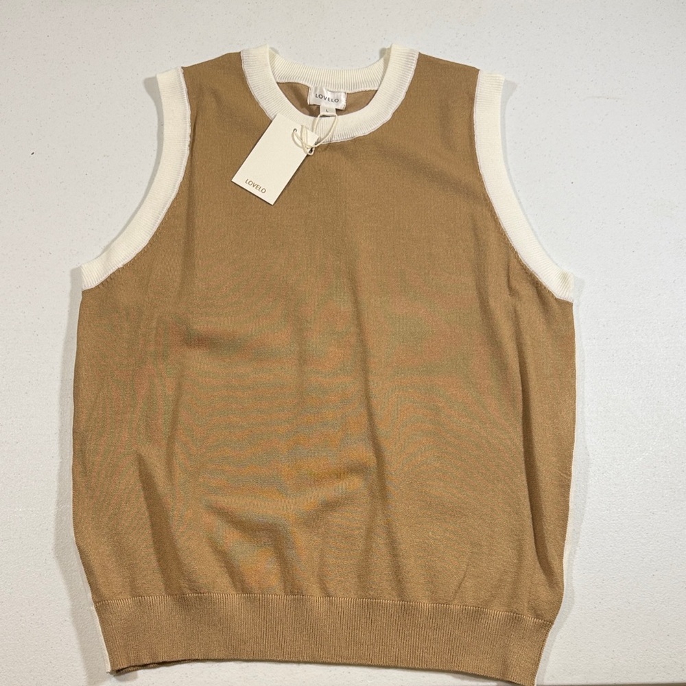 Love Tan Sleeveless Crewneck Sweater with Cream Trim